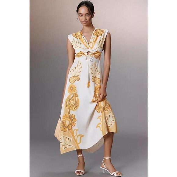 Farm Rio V-Neck Paisley O Ring A-Line Maxi Dress Sleeveless Size XL Yellow Ivory - Picture 1 of 3